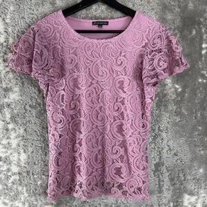 Adrianna Papell Size M Floral Lace Casual Top Pink Short Sleeve Pullover Stretch